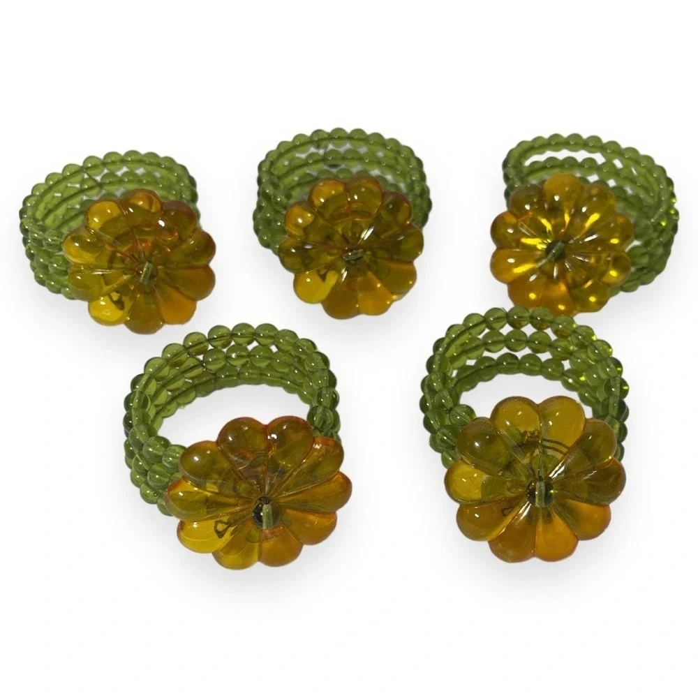Glass Bead with Flower‎ Daisy Napkin Ring Lot of 5 Orange Green Boho Tablescape